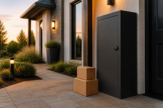 Secure porch parcel locker with plain packages beside a modern front door for contactless delivery and household theft prevention campaigns