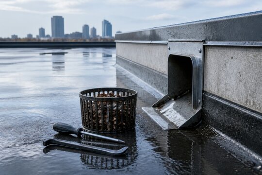 Rooftop drainage scupper inspection with cleared debris and maintenance tools for stormwater control and commercial property protection campaigns
