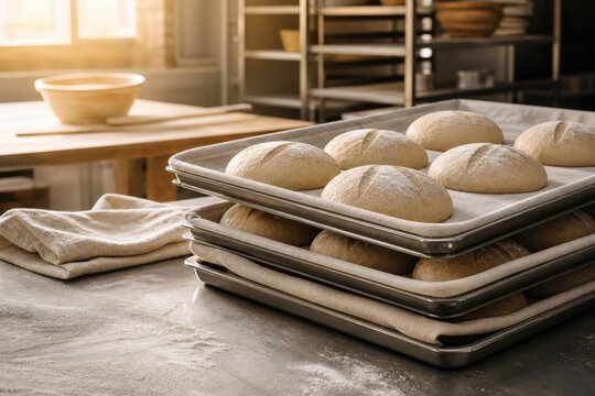 Bakery dough proofing trays arranged in a warm commercial kitchen for artisan bread production, fermentation and food business campaigns