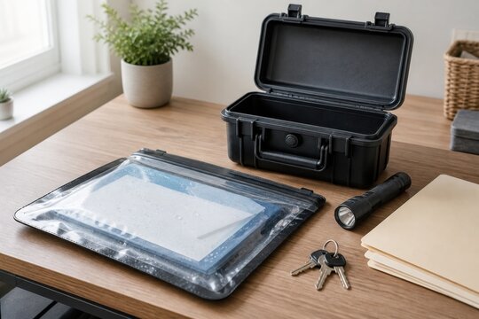 Waterproof emergency document storage case with blank folders and sealed pouches for disaster readiness, evacuation and household recovery campaigns