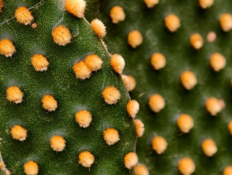 A close-up view of a green cactus covered in fuzzy yellow spots
