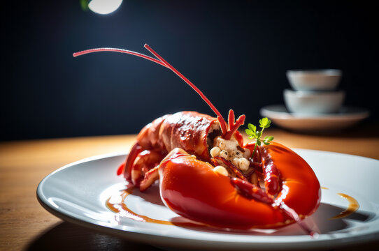 Elegant lobster dish under spotlight lighting.