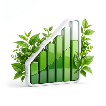 Bar chart with green pillars and growing fresh leaves representing sustainable business growth 3d render illustration.