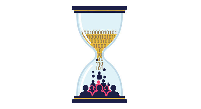Digital Transformation Hourglass: Binary Code Converting into Human Crowd Silhouettes for Data Analytics and Recruitment Concept