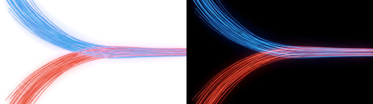 Merging light lines of glowing blue and red rays converge in parallel in PNG, Transparent and Black Background Versions for tech designs