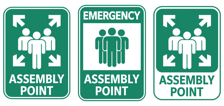 assembly point sign emergency symbol, evacuation meeting location icon, safety instruction printable poster, clear guidance graphic, vector illustration template design for workplace and public safety