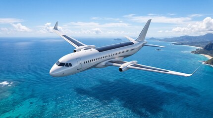Naklejka premium White Commercial Airplane Flying Over Turquoise Tropical Ocean Coastline