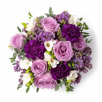 Blumenstrau&szlig; mit lila Rosen, Nelken, Flieder und wei&szlig;er Freesie auf wei&szlig;em Hintergrund