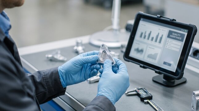 Small manufacturer inspecting quality suggestions, AI workflow with generic metal component and clean workbench copy space, website header and presentation image