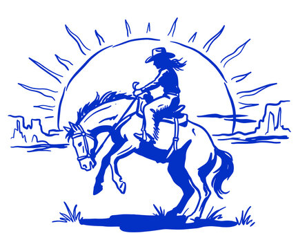 Blue hand drawn illustration of a cowgirl riding a bucking horse in the wild west desert sunset