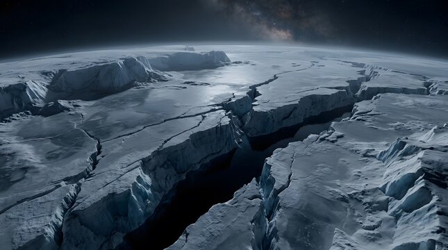 Arctic, ice and glacier with planet landscape at night for climate change, global warming and environmental research. Space, milky way and frozen ocean with cracks, cold and science education