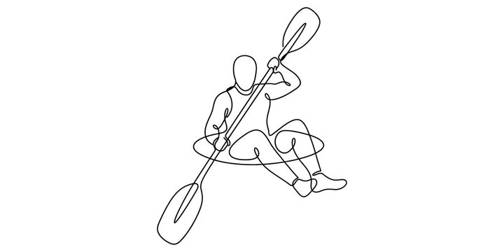 Continuous single line drawing of a person kayaking in a small boat with a paddle