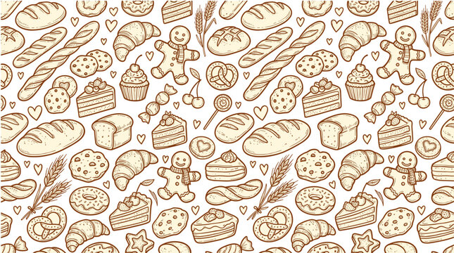 Seamless Vintage Bakery Pattern Background Featuring Hand Drawn Monochrome Sketches of Fresh Bread Sourdough Loaves Croissants Gingerbread Men and Cake Slices Repeating Vector Surface Design