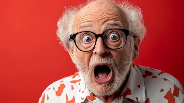 Surprised elderly man with glasses in colorful shirt on vibrant red background