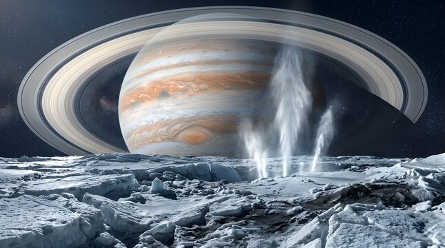 Space, planet and rings with icy moon surface for geysers, astronomy and science discovery. Educational research, gas giant and cosmic landscape in deep universe for exploration, study and facts
