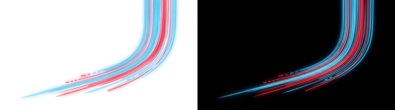 Highway light trails of glowing cyan and red lines curve upward in PNG, Transparent and Black Background Versions for tech designs