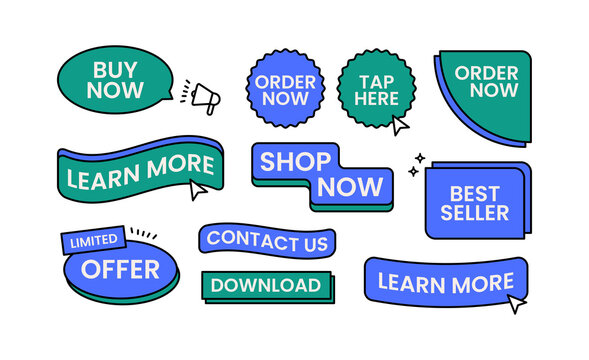 Neo Mint Call to Action UI Elements Set, Modern Web Buttons, Buy Now, Order Now, Learn More, Contact Us, Download, Best Seller Collection