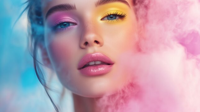 Young woman with yellow eye makeup surrounded by pink and blue smoke