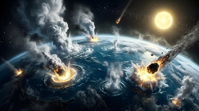 Asteroid impact, earth and meteor strike in space with explosion, smoke and fire for disaster. Planetary catastrophe, cosmic event and global destruction in orbit with sun, ash, science and fear.