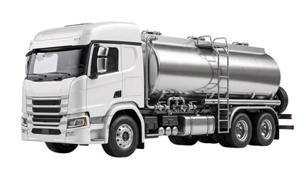 Fototapeta premium White tanker truck with silver cylindrical cargo isolated on png transparent background