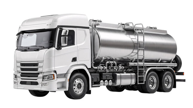White tanker truck with silver cylindrical cargo isolated on png transparent background