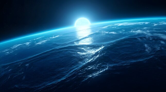 Ocean, alien planet and sunrise in space with water waves, deep blue sky and atmospheric glow. Cinematic horizon, cosmic landscape and fantasy sea for wallpaper, movie background, sci-fi and art