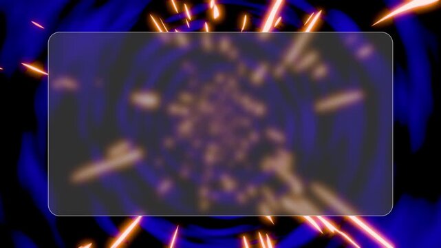 Deep blue tunnel vortex explodes with orange sparks behind matte glass. Glowing energy streaks fly outward through dark blurred background around central panel.