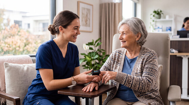 Caregiver checking an elderly woman's blood oxygen level with a fingertip pulse oximeter, representing senior healthcare, vital sign monitoring and compassionate medical support.