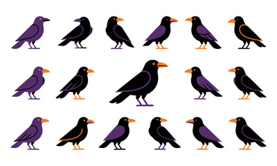 Obraz premium Happy Halloween Cartoon crows and ravens in various poses and colors isolated on white background Vector
