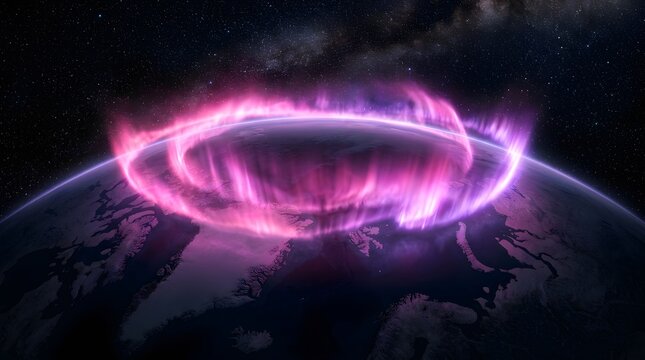 Aurora borealis, Earth and space with northern lights for science, discovery and cosmic exploration. Planet, glowing atmosphere and universe with galaxy stars, magnetic field, arctic orbit and future