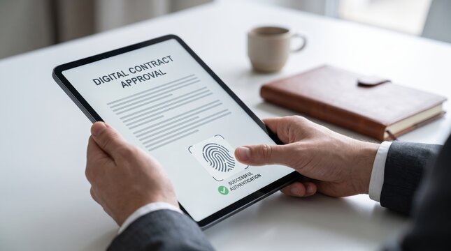 Digital contract approval on tablet screen, biometric fingerprint authentication, secure electronic signature process, modern business document verification and legal agreement