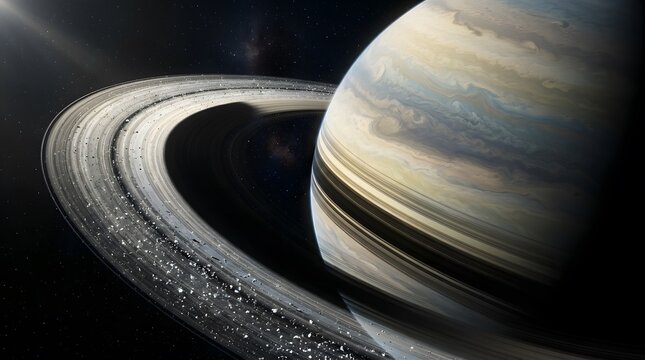 Saturn, planet and rings in outer space for astronomy, science and education. Gas giant, galaxy and universe with starlight, cosmos and celestial orbit for discovery, physics and exploration