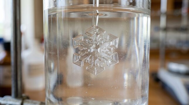 Clear 3D printed snowflake model submerged in water inside a glass beaker for science experiment