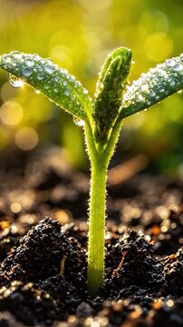 A Close-Up of a Young Plant Sprouting from Rich, Dark Soil, Glistening with Dew Drops Under the Soft Evening Light, Symbolizing New Growth and Hope.