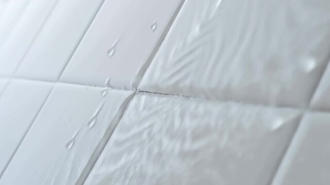 Water droplets move across white quilted fabric surface with stitched seams and rippled wet texture