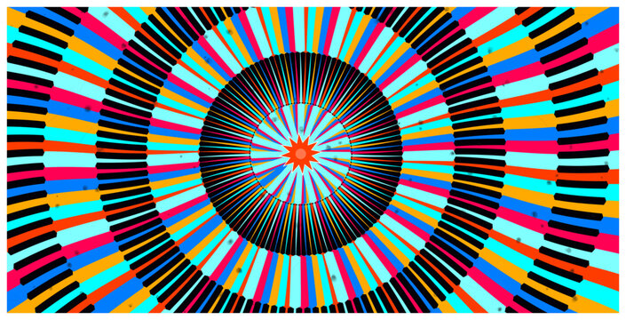 Hypnotic colorful piano keyboard spiral pattern with circular geometry