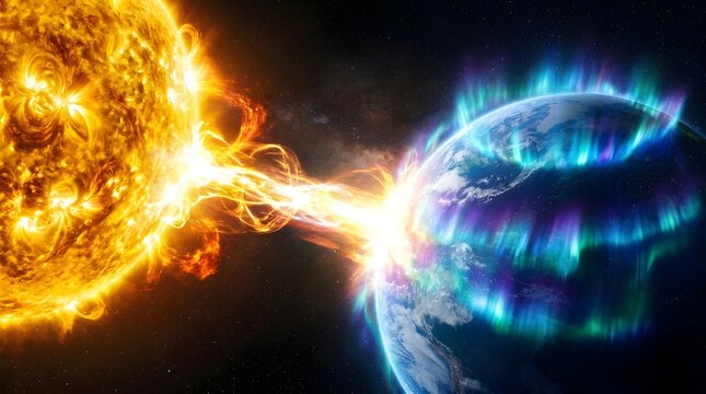Solar wind, Earth and sun in space with aurora borealis, solar flare and magnetic field. Galaxy, planet and cosmic energy with radiation, northern lights and astronomy for science and global study
