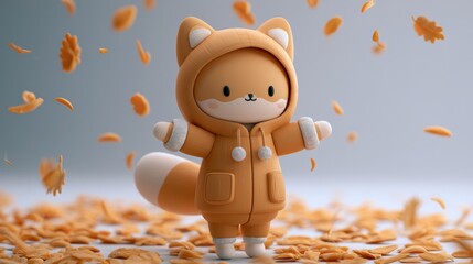 Naklejka premium A fox character plays joyfully in a swirl of falling leaves, surrounded by warm light in an autumn scene.