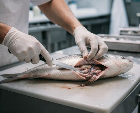 Chef cleaning and gutting a fresh fish on a cutting board in a restaurant kitchen.