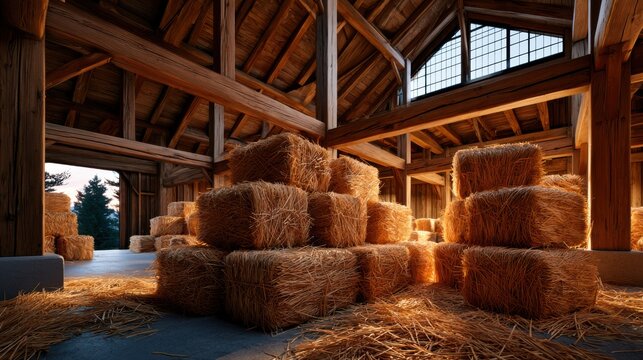 Neatly stacked hay bales in a rustic barn with aged timber beams, capturing countryside charm. Ideal for agriculture and rural lifestyle themes.