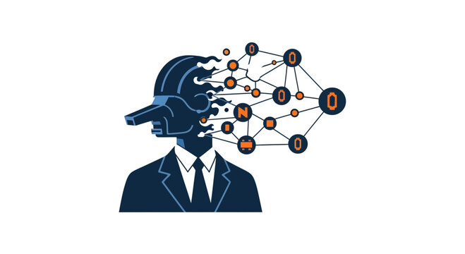Artificial Intelligence Deepfake and Deception Concept - Businessman with Long Pinocchio Nose Connecting to Neural Network and Digital Misinformation