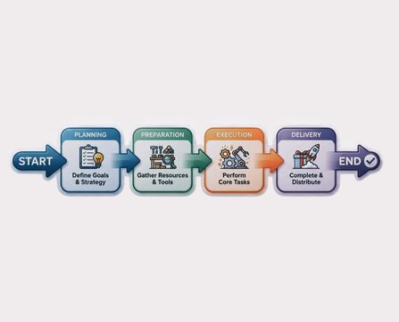 Four-step business workflow process infographic with icons