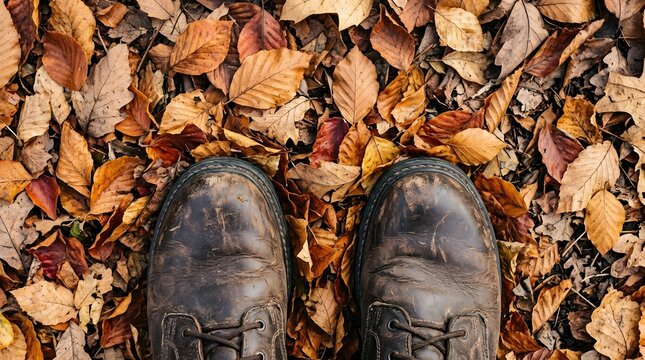 First Day of Fall image showing brown boots on autumn leaves.