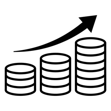 Black and white icon of a stack of coins showing financial growth with an upward arrow for business and investment success concepts