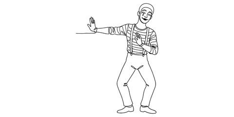 Fototapeta premium A happy mime artist performing an invisible wall trick in a classic striped shirt and suspenders