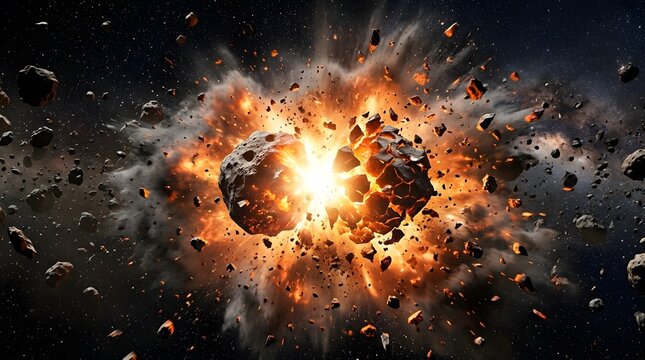 Asteroid explosion, space and cosmic collision with rock, debris and galaxy for science, astronomy and cinematic visual. Universe, fire and planet with energy, impact and glow in nebula for film.