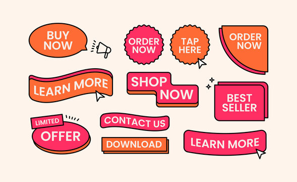 Creative Agency Call to Action UI Elements Set, Modern Web Buttons, Buy Now, Order Now, Learn More, Contact Us, Download, Marketing Labels Collection
