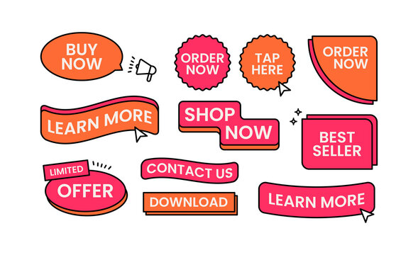 Creative Agency Call to Action UI Elements Set, Modern Web Buttons, Buy Now, Order Now, Learn More, Contact Us, Download, Marketing Labels Collection