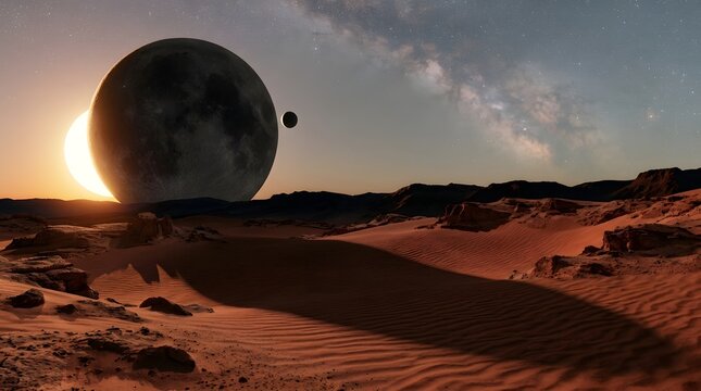Space, desert and planet with sun in sky for discovery, exploration and science fiction. Galaxy, moon and landscape with sand, stars and atmosphere for fantasy, adventure and cosmic background