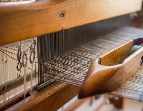 Wooden loom with threads ready for weaving